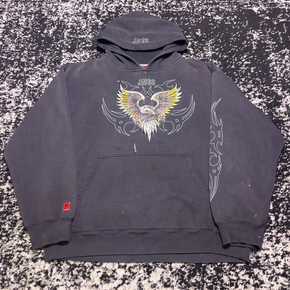 Vintage JNCO Jeans Eagle Tribal Graphic Hoodie Faded Black Y2K Skater Mens L